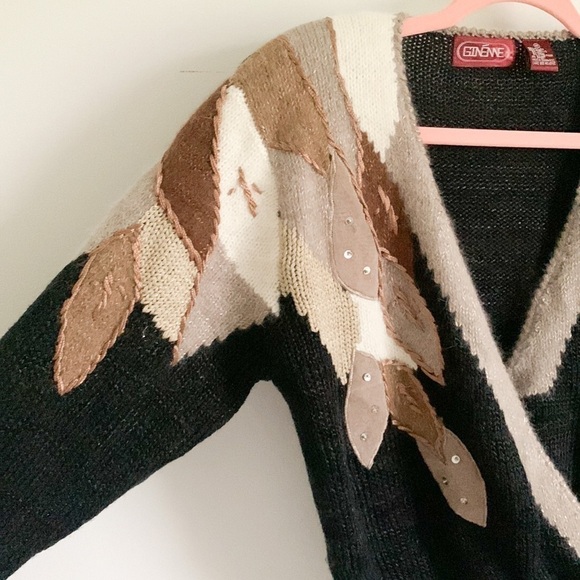 Vintage 80s 90s Black Tan Leaf Sequin Embroidered Crossover Sweater Medium - Picture 3 of 11